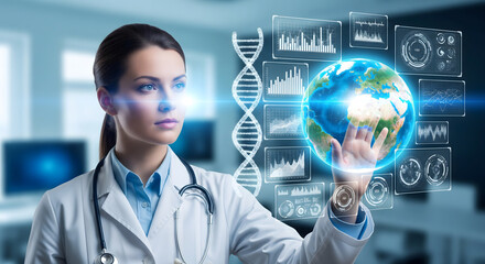 A female doctor interacts with a holographic globe and DNA strand, surrounded by data visualizations in a modern medical setting.
