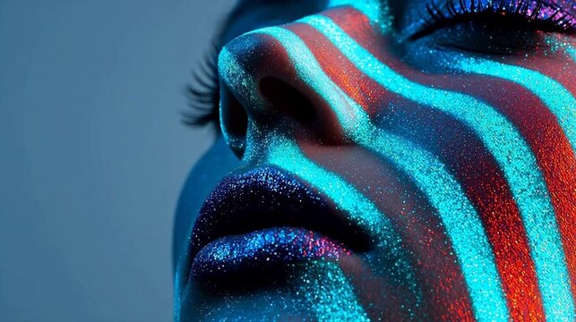 Closeup of face with colorful glitter makeup