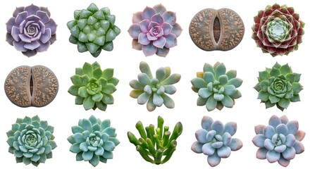 Collection of colorful succulent plants isolated on white background, perfect for gardening designs, botanical illustrations and home decor projects.
