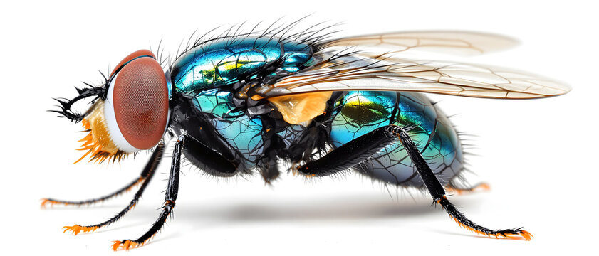 A macro shot of a bluebottle fly against a stark white background.