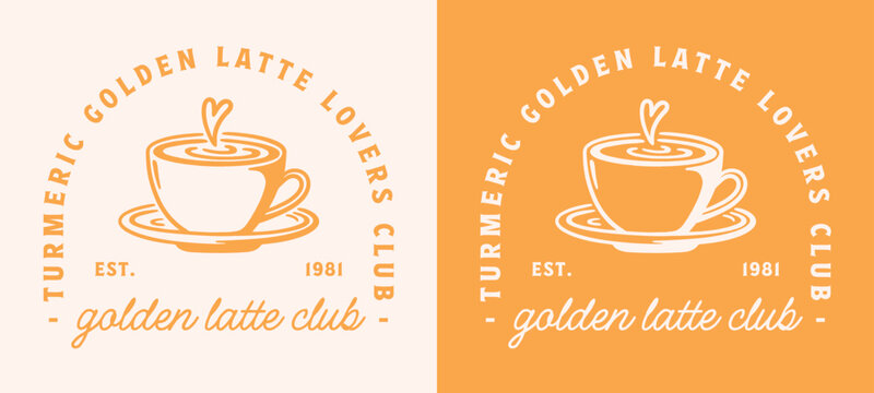 Golden latte lovers club girls shirt design logo yellow turmeric milk retro vintage groovy aesthetic. Funny wellness community healthy drink cup drawing cute printable sticker badge graphic tee print.