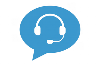 Blue speech bubble with black headset communication isolated on a transparent background