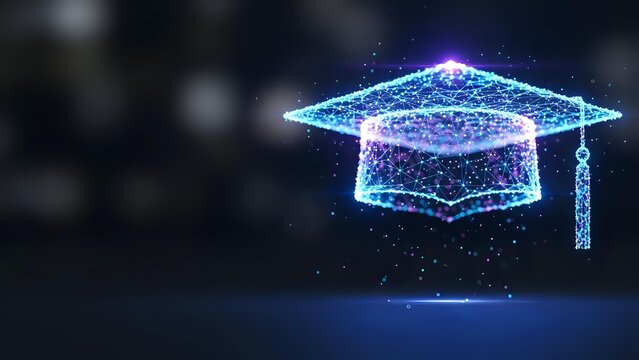 Digital graduation cap made of glowing blue particles and light effects on dark background for education technology concepts and academic achievements.