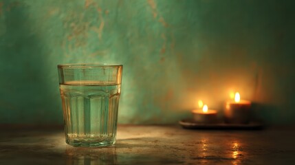 Still Life of Serenity: A glass of refreshing water sits serenely, beside a collection of flickering candles, inviting a moment of calm.  A moment of tranquil ambiance amidst a dim setting.