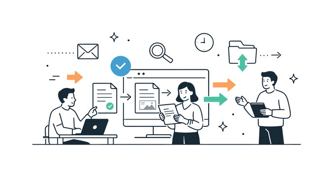 Document Workflow Collaboration. Enterprise document workflow overview. Employees reviewing and routing documents on a shared digital platform. Structured