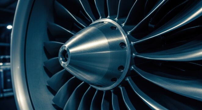 Close-up of a jet engine's turbine blades and central cone, metallic and detailed