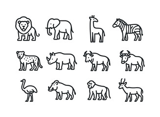 Fototapeta premium Savanna Animal Icons. Savanna Animals. Line icon set of Savanna Animals: lion, elephant, giraffe, zebra, cheetah, rhino, hyena, wildebeest, ostrich, warthog,