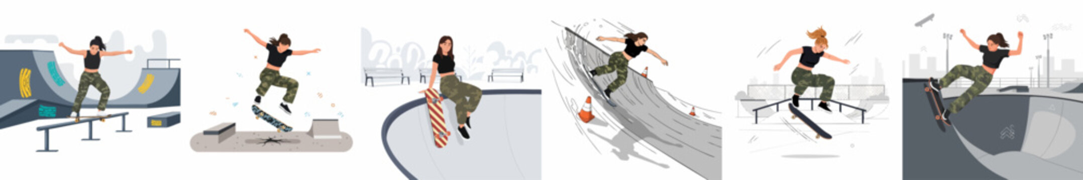 Dynamic vector collection showing a female skateboarder in camo pants executing various street and park tricks at a modern outdoor skate facility.