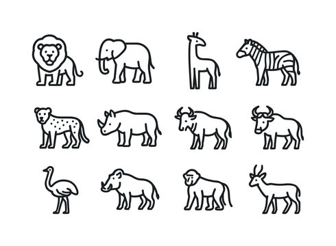 Savanna Animal Icons. Savanna Animals. Line icon set of Savanna Animals: lion, elephant, giraffe, zebra, cheetah, rhino, hyena, wildebeest, ostrich, warthog,