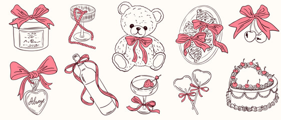 Hand drawn coquette elements for Valentines day. Whimsical cute girly bows, locket, cherry, cake, cocktails, croissant. Vintage line art vector illustrations for wedding invitation, birthday card