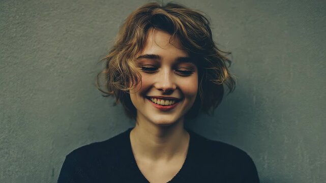 Young woman smiles while sitting against a gray wall in a casual indoor setting during daytime