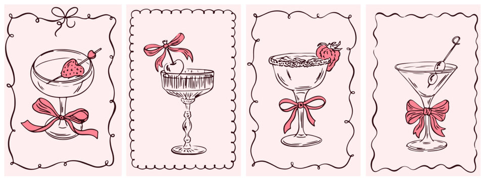 Hand drawn cocktails and frames. Whimsical alcohol beverages with bow, ribbons, cherry and strawberry. Vector vintage bar design elements for wedding invitation, birthday card, bachelorette party