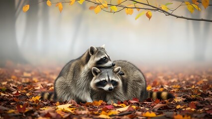 Obraz premium Two adorable raccoons cuddling together in autumn forest with colorful fallen leaves and golden foliage creating warm seasonal wildlife scene.