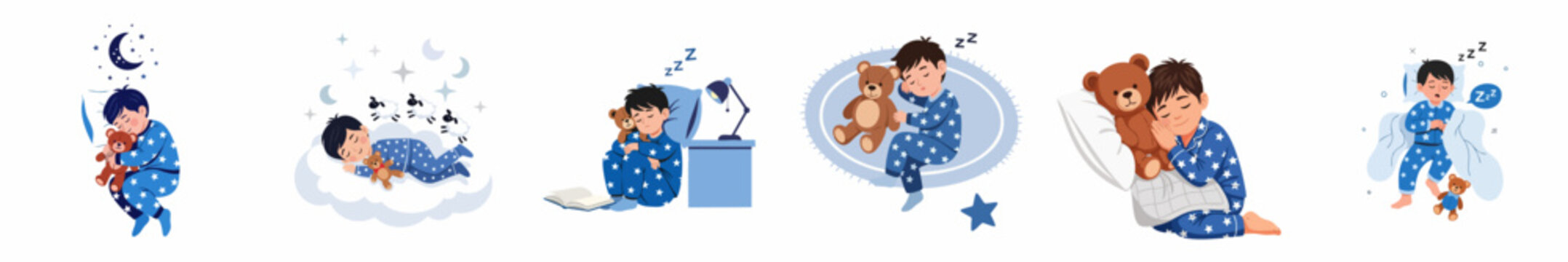 Collection of cute cartoon boy sleeping illustrations, showing peaceful rest, bedtime routines, and dreaming with a teddy bear against a night sky backdrop.