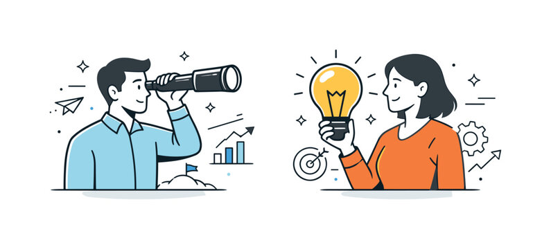 Foresight in Focus. Vision and strategy. A person holding a telescope or lightbulb symbol, looking ahead with focus. The illustration conveys foresight,