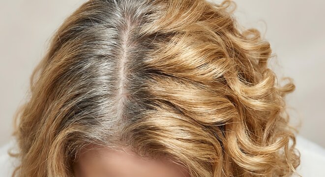 Close-up of blonde woman with gray roots showing natural hair growth and color transition. Hair care, beauty salon, hair coloring concept.