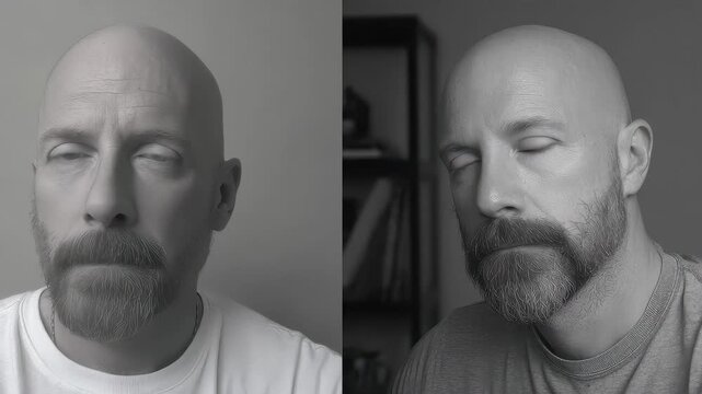Two views of a man with a beard sitting indoors showing different expressions and light conditions in a simple setting