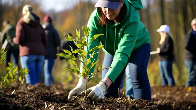 A video captures a low-angle view of a person planting a sapling in a forest, highlighting community teamwork and environmental care.