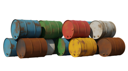 Stack of assorted rusty metal drums in various colors including blue green red brown and yellow a isolated on transparent white background