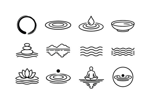 Meditative Water Icons. Meditative Water. Line icon set of Meditative Water: zen water circle, calm ripple rings, centered drop rest, still water bowl, balance