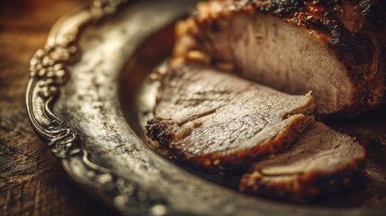 Gourmet Roast on Antique Platter: An up-close shot of a succulent, roasted meat, expertly sliced, and presented on a beautifully ornate antique platter.