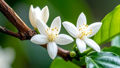 Fototapeta premium Coffee flowers blooming on a branch with delicate white petals against a clean background, captured in macro botanical photography to highlight a rare and seasonal moment in coffee cultivation.