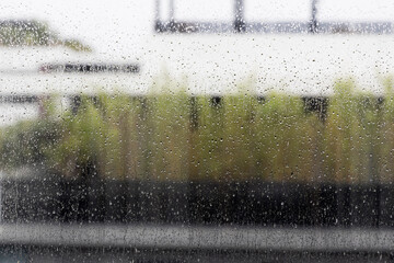 Water droplets on the balcony glass.