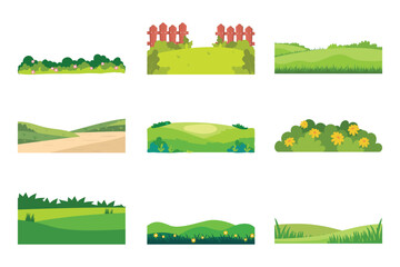 Obraz premium Green nature landscape collection. Vector summer grass fields and fences for outdoor scene construction or farming game background