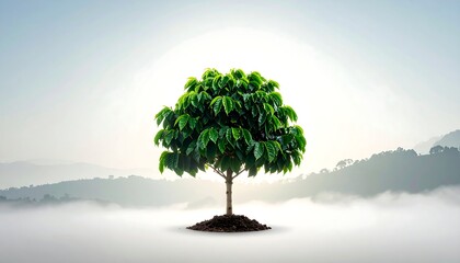 Single coffee tree isolated against a neutral misty background, using strong negative space to express a minimal agricultural concept with a fine art nature stock aesthetic.