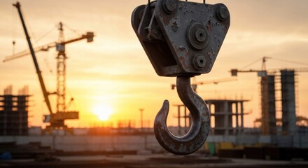 Obraz premium Close-up of construction hook against a sunset with silhouettes of cranes and buildings