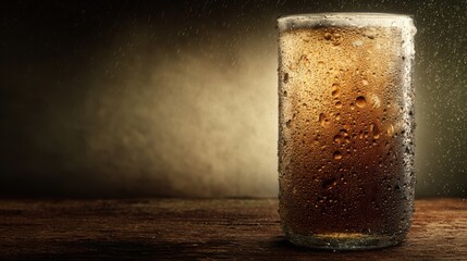 Chilled Beer: A refreshing, cold glass of beer, beaded with condensation, sits invitingly on a wooden surface, the rich amber tones creating a sense of refreshment and relaxation.