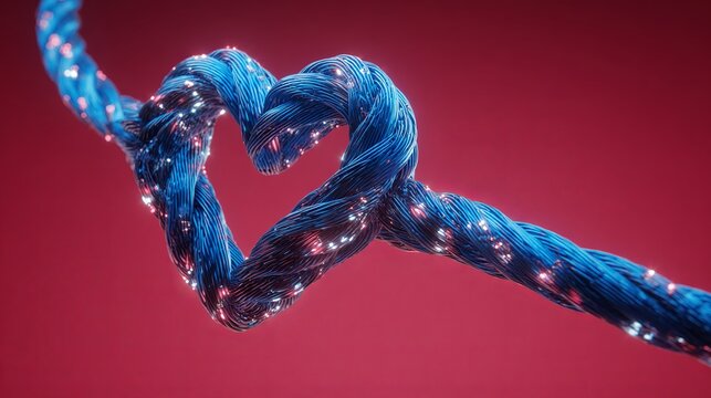 A blue rope forms a heart shape against a red background with glowing lights
