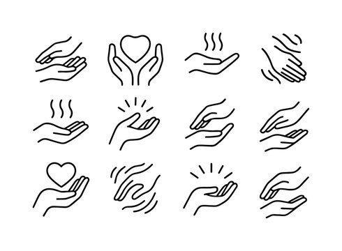 Therapeutic Hand Icons. Therapeutic hands. Line icon set of Therapeutic hands: hand massage, cupping hands, warm touch, comfort icon, hands with waves,