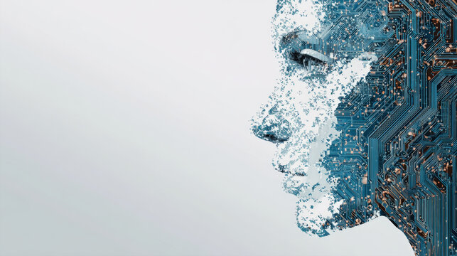 Futuristic artificial intelligence concept featuring a human face silhouette composed of digital blue circuit board patterns and data particles, advanced neural networks and machine learning banner - Powered by Adobe