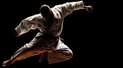 Dynamic Martial Arts: Capturing a martial artist in mid-air, a poised figure executing a powerful movement, embodying the precision, focus, and athleticism of martial arts.