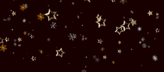 Abstract background featuring golden stars and snowflakes on a dark backdrop for festive greetings and holiday © vegefox.com