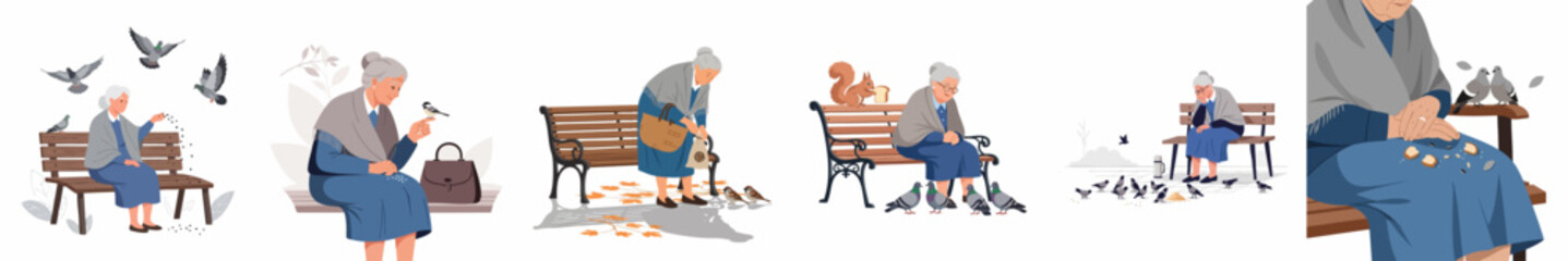 Elderly Woman Feeding Birds and Wildlife on a Park Bench Illustration Set, Depicting Scenes of Aging, Solitude, and Connection to Nature. © Nurdayatt