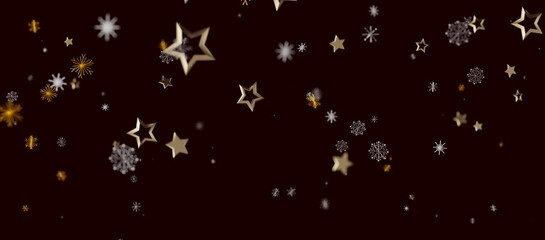 Festive abstract background featuring gold stars and snowflakes floating on a dark backdrop, perfect for holida