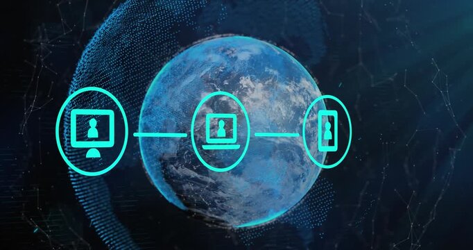 Three green digital icons with a computer interface on a glowing blue background