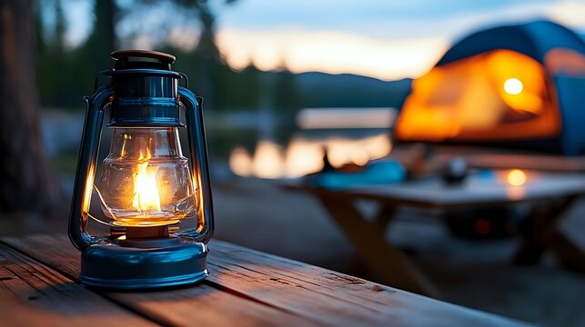 Vintage oil lantern glowing at lakeside camping site with orange tent and wooden dock during peaceful evening twilight for outdoor adventure and recreation.