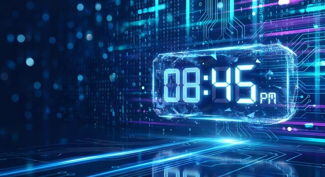 Futuristic digital clock displaying 08:45 PM with glowing neon circuits and data streams in cyberpunk style technology background for sci-fi projects.