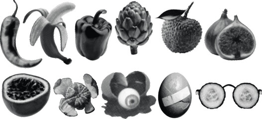 Halftone Retro Collage of Exotic Fruits, Vegetables and Everyday Objects in Vintage Pop Art Style