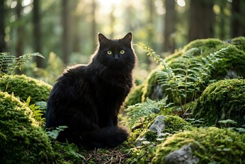 Obraz premium Black cat sitting on moss-covered rocks in enchanted forest with sunlight filtering through trees creating magical woodland atmosphere for nature photography.