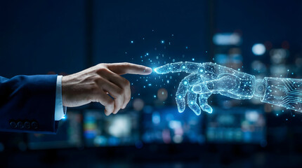 Human hand connecting with robotic hand in futuristic interface with glowing blue circuits