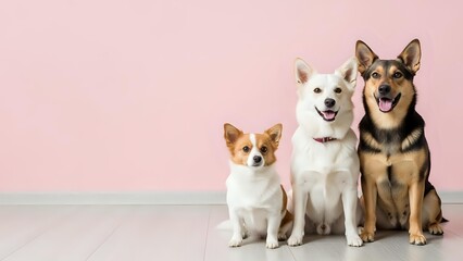 Three adorable dogs of different sizes sitting together against pink wall background for pet care, veterinary services, and animal adoption concepts.