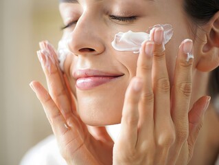 Woman Applying Facial Moisturizer - Skincare Routine Close-Up