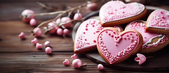 Heart shaped cookies for Valentine's Day with pink frosting