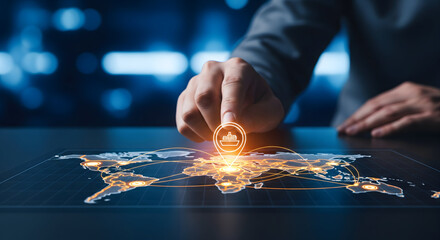 Businessman interacting with global logistics network on digital map