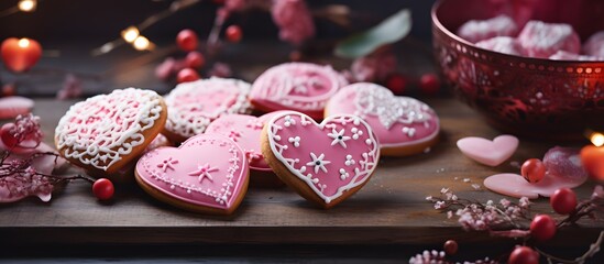 Heart shaped cookies for Valentine's Day with pink frosting