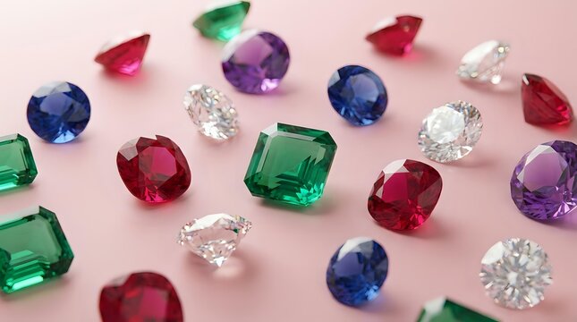 Colorful collection of precious gemstones including emeralds, rubies, sapphires, amethysts and diamonds scattered on pink background for jewelry design.